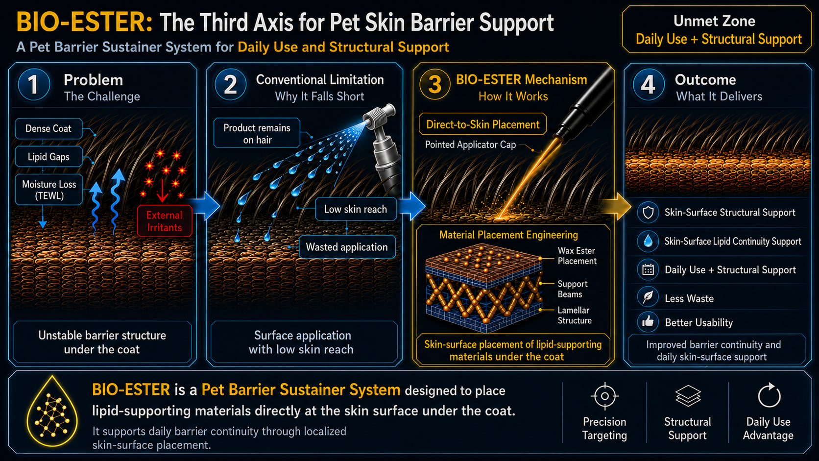 VELA by BIO-ESTER Care — product mechanism infographic explaining Direct-to-Skin Placement and Material Placement Engineering